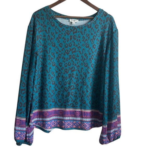 Umgee Tunic Top Women L Teal Leopard Print Multimedia Boho Cottagecore Whimsical - Picture 1 of 8